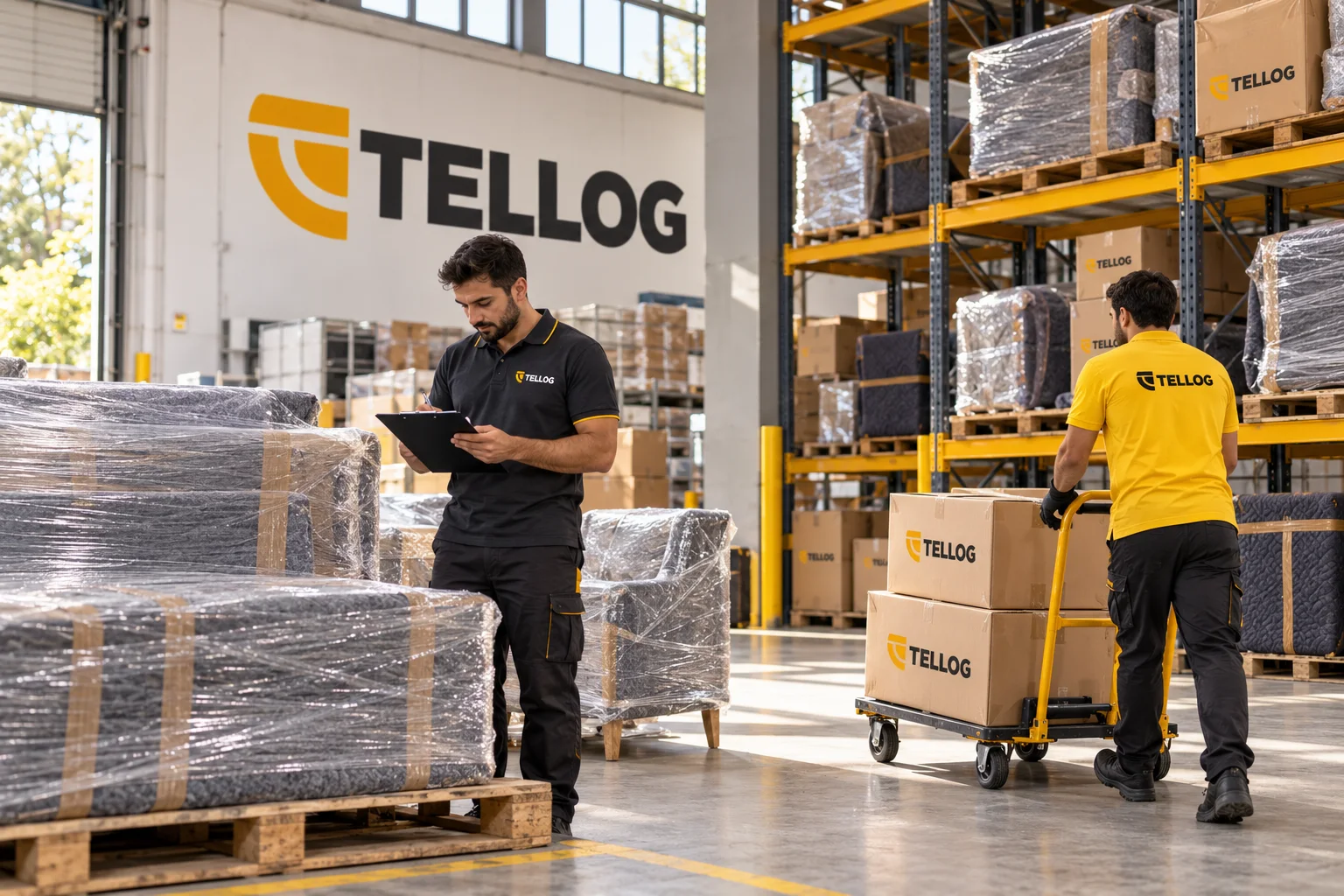 TELLOG depolama hizmetini anlatan paketlenmiş mobilyalar ve ekip