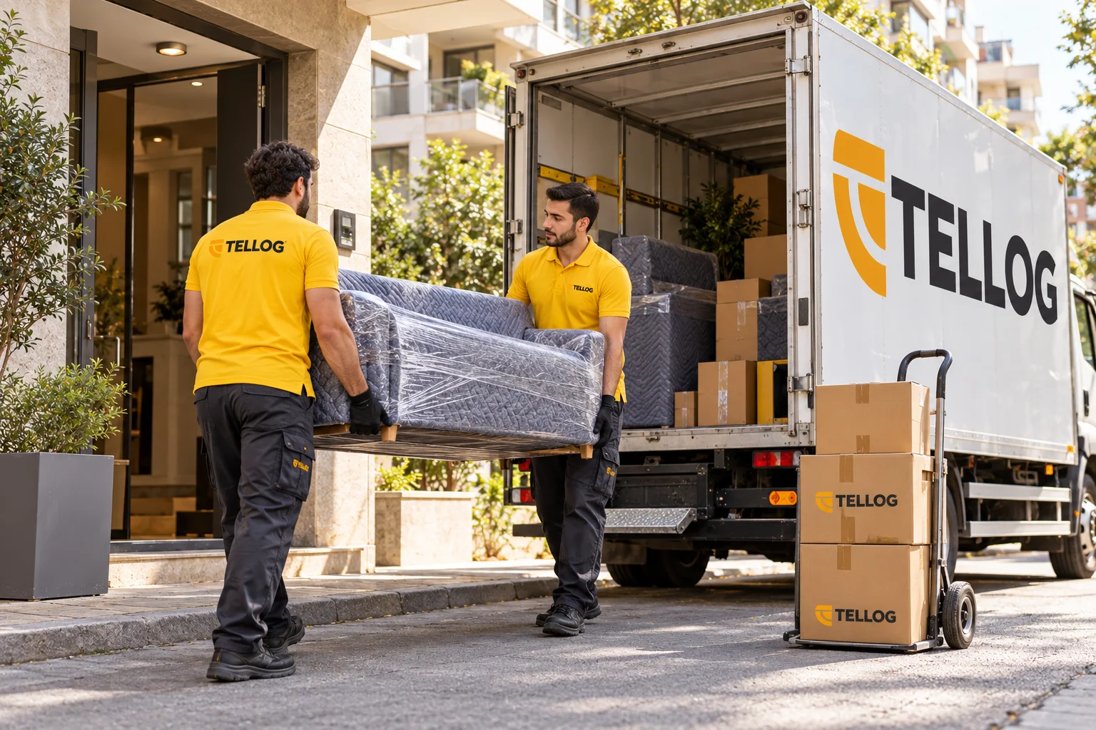 TELLOG logolu araç yanında paketlenmiş koltuğu taşıyan ekip