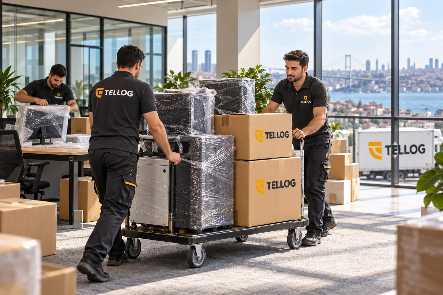 TELLOG kıyafetli ekibin ofis ekipmanlarını taşıması