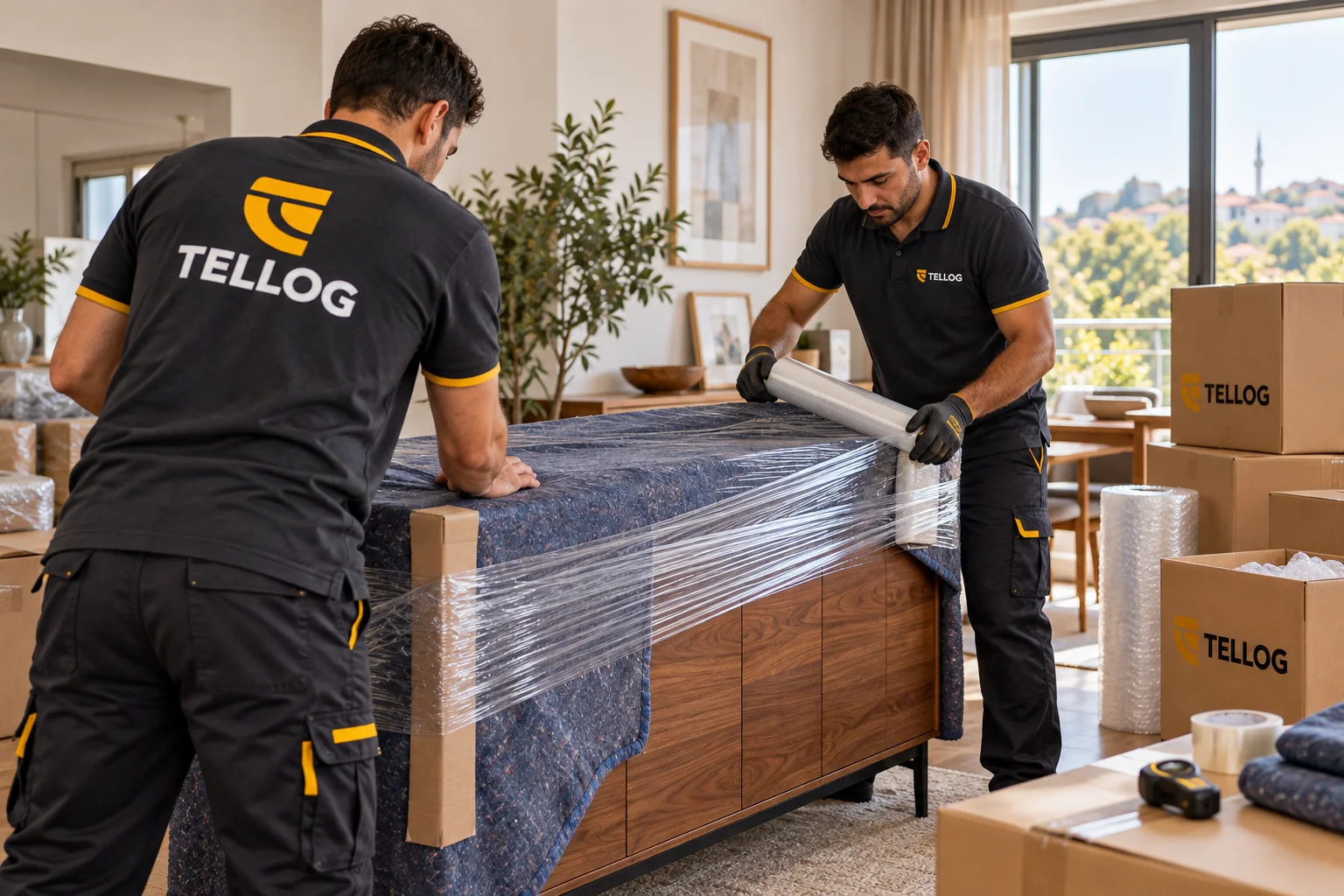 TELLOG ekibinin mobilyayı koruyucu malzemelerle paketlemesi