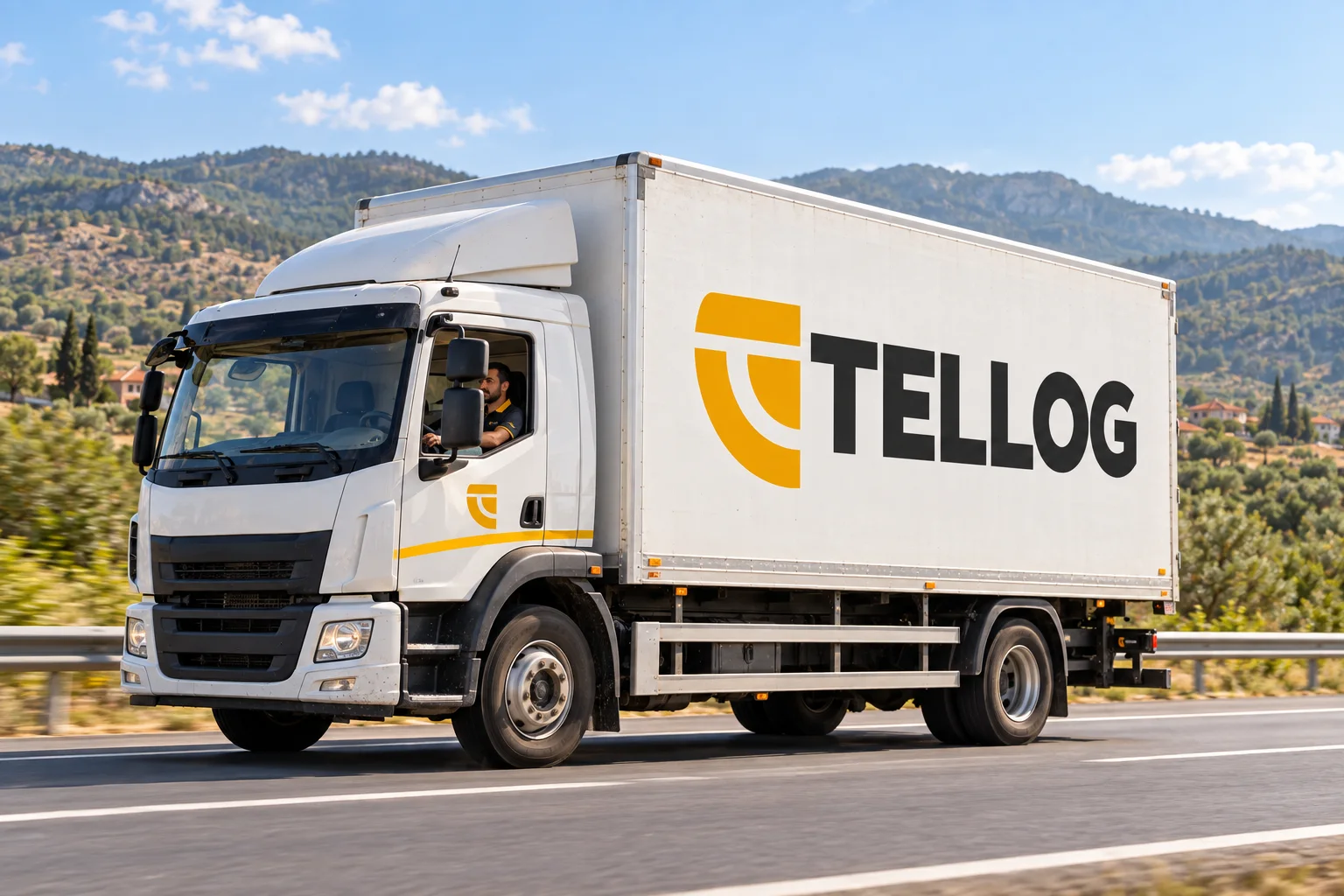 Şehirler arası yolda TELLOG logolu nakliyat aracı